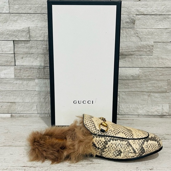 Gucci Princetown Python Fur Slipper EU 38 US 8 Horsebit Mule Loafer Flats Beige - Picture 8 of 16